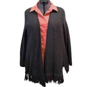 Thakoon Gray Black Herringbone Knit Fringe Open Cardigan Sweater size XL